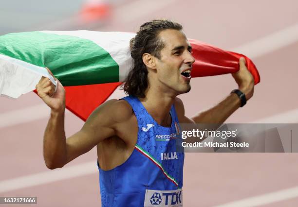 Gold medalist Gianmarco Tamberi of Team Italy reacts after winning the Men's High Jump Final during day four of the World Athletics Championships...
