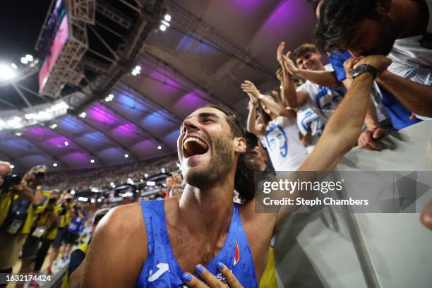 Gold medalist Gianmarco Tamberi of Team Italy reacts after winning the Men's High Jump Final during day four of the World Athletics Championships...