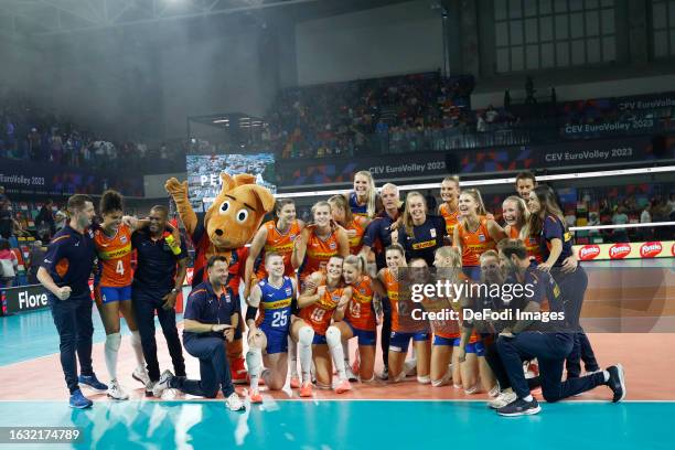 Netherlands players celebrate after winning the Women's EuroVolley Quarter Final match between Netherlands vs Bulgaria on August 29, 2023 in...