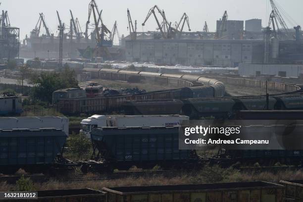 Trains with cereals wait in the port of Constanta on August 22, 2023 in Constanta, Romania. Constanta port, the largest for cereals in Europe, has...