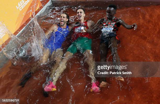 Men's high jump gold medalist Gianmarco Tamberi of Team Italy, Men's 3000m Steeplechase gold medalist Soufiane El Bakkali of Team Morocco and bronze...