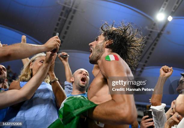 Gold medalist Gianmarco Tamberi of Team Italy celebrates after winning the Men's High Jump Final during day four of the World Athletics Championships...