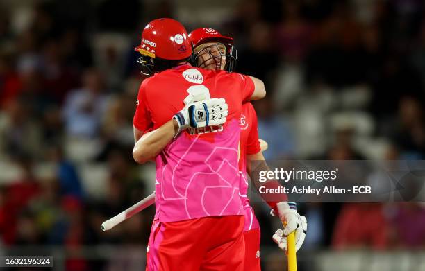 Luke Wells celebrates with teammate Joe Clarke of Welsh Fire after defeating Northern Superchargers during The Hundred match between Northern...