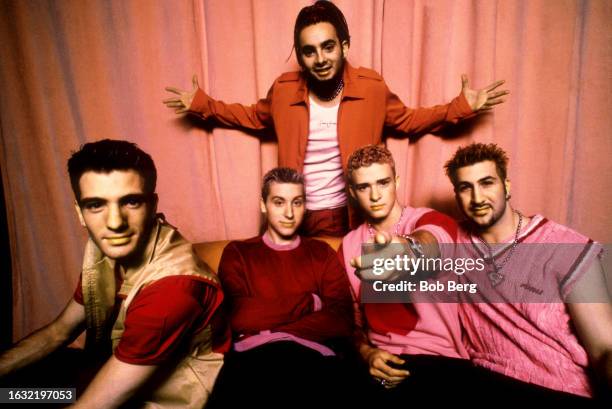 Chasez, Lance Bass, Chris Kirkpatrick, Justin Timberlake and Joey Fatone, of the American pop band NSYNC, pose for a group portrait in Los Angeles,...