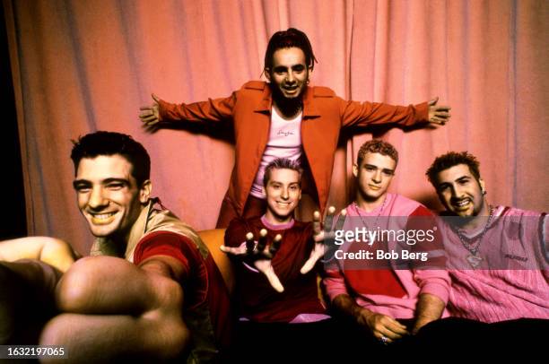 Chasez, Lance Bass, Chris Kirkpatrick, Justin Timberlake and Joey Fatone, of the American pop band NSYNC, pose for a group portrait in Los Angeles,...