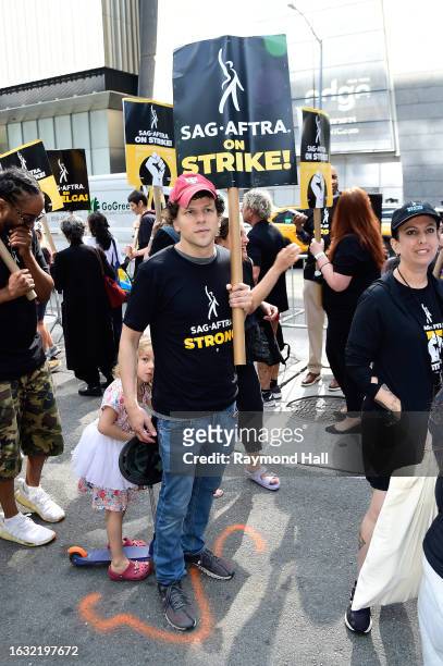 Jesse Eisenberg is seen on the SAG-AFTRA picket line on August 22, 2023 in New York City.