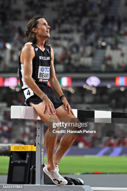 George Beamish of Team New Zealand reacts after the Men's 3000m Steeplechase Final during day four of the World Athletics Championships Budapest 2023...