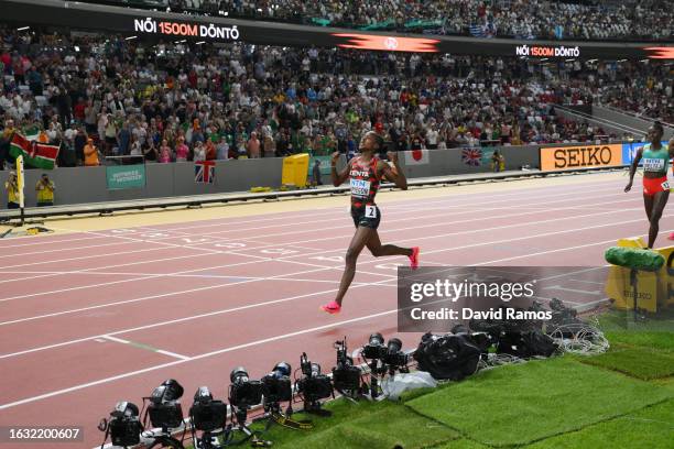 Faith Kipyegon of Team Kenya reacts after winning the Women's 1500m Final during day four of the World Athletics Championships Budapest 2023 at...