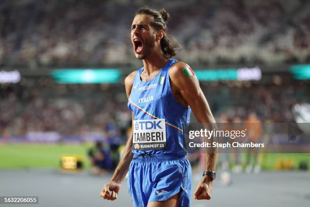 Gold medalist Gianmarco Tamberi of Team Italy reacts after winning the Men's High Jump Final during day four of the World Athletics Championships...