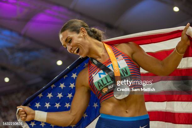 Valarie Allman of the United States following the women's discus throw final during day four of the World Athletics Championships Budapest 2023 at...