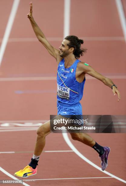 Gold medalist Gianmarco Tamberi of Team Italy reacts after winning the Men's High Jump Final during day four of the World Athletics Championships...