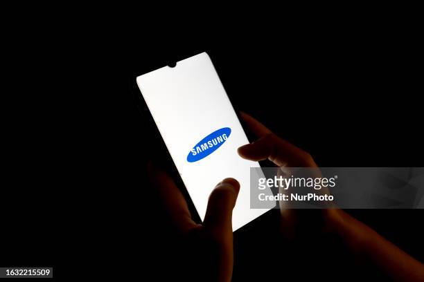 In this photo illustration a Samsung logo seen displayed on a smartphone screen in Chania, Greece on August 29, 2023.