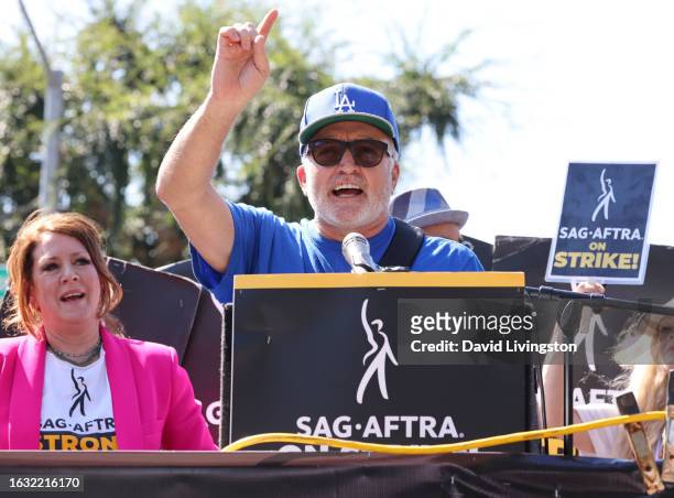 Joely Fisher and Bradley Whitford attend the “National Day of Solidarity” rally outside Walt Disney Studios on August 22, 2023 in Burbank,...
