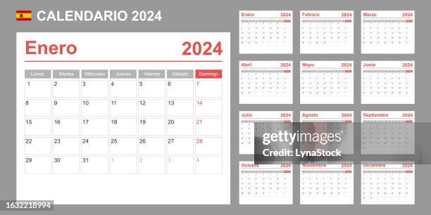 ilustraciones, imágenes clip art, dibujos animados e iconos de stock de calendario español para 2024. la semana comienza el lunes. plantilla vectorial simple. planificador de diseño de negocios. - viernes
