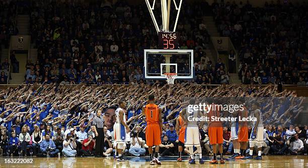General view of fans of the Duke Blue Devils during their game at Cameron Indoor Stadium on March 5, 2013 in Durham, North Carolina.