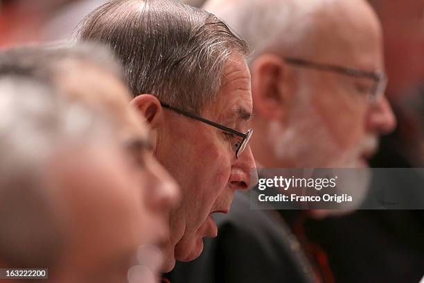 Former archbishop of Los Angeles cardinal Roger Mahony attends a meeting of prayer at St. Peter's Basilica with cardinals gathered in Rome for the...