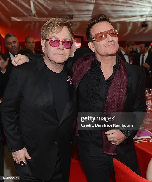 Elton John and Bono attend the 21st Annual Elton John AIDS Foundation Academy Awards Viewing Party at Pacific Design Center on February 24, 2013 in...