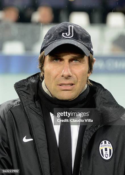 Head coach of Juventus Antonio Conte reacts during the Champions League round of 16 second leg match between Juventus and Celtic at Juventus Arena on...