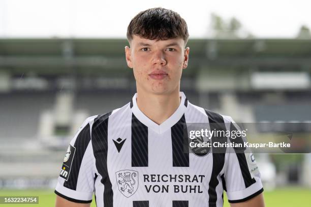 Dennis Egel of SV Sandhausen poses during the team presentation at GP Stadion am Hardtwald on July 28, 2023 in Sandhausen, Germany.