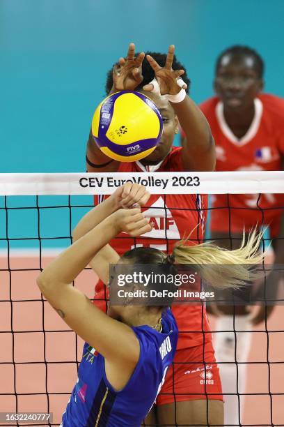 Marine Amandha Sylves of France and Alessia Orro of Italy battle for the ball during the Women's EuroVolley Quarter Final match between Italy vs...