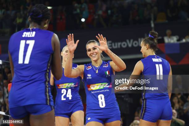 Alessia Orro of Italy celebrates during the Women's EuroVolley Quarter Final match between Italy vs France on August 29, 2023 in Florence, Italy.