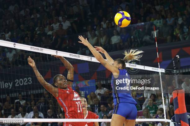 Eva Brooklin Elouga of France and Alessia Orro of Italy in action during the Women's EuroVolley Quarter Final match between Italy vs France on August...