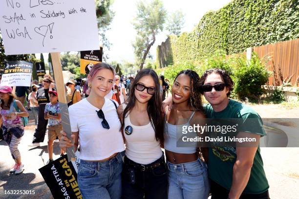 Bailee Madison, Malia Pyles, Zaria and Jordan Gonzalez attend the “National Day of Solidarity” rally outside Walt Disney Studios on August 22, 2023...
