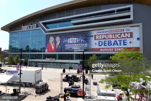 The Fiserv Forum is prepared for the Republican presidential debate on August 22, 2023 in Milwaukee, Wisconsin. Tomorrow eight GOP presidential...