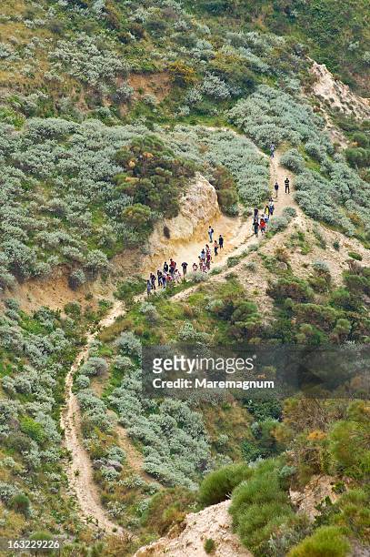 the trail to caolino caves near quattropiani - isola di lipari foto e immagini stock