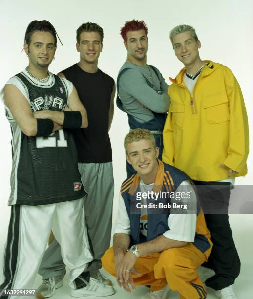 Chris Kirkpatrick, JC Chasez, Joey Fatone, Lance Bass and Justin Timberlake, of the American pop band NSYNC, pose for a group portrait in Los...