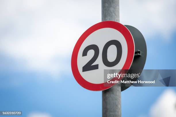20mph speed limit sign on August 21, 2023 in Cardiff, Wales.