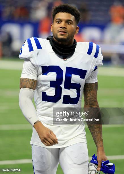 Teez Tabor of the Indianapolis Colts walks off the field after the preseason game against the Chicago Bears at Lucas Oil Stadium on August 19, 2023...