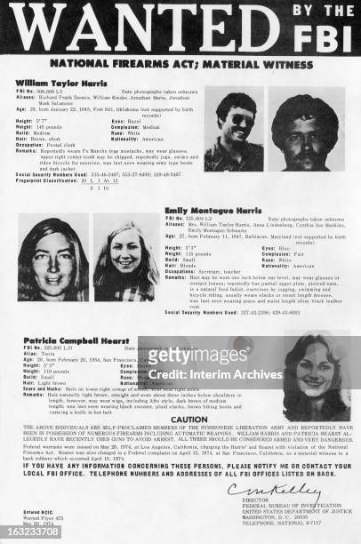 Wanted poster of William Taylor Harris, Emily Montague Harris, and Patricia Campbell Hearst, May 20, 1974. Hearst was kidnapped by the Symbionese...