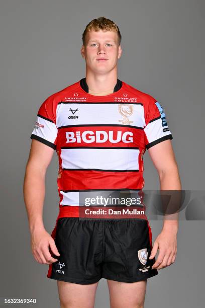 Arthur Clark of Gloucester Rugby poses for a portrait during the squad photocall for the 2023-2024 Gallagher Premiership Rugby season on August 16,...