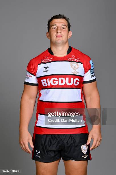 Val Rapava-Ruskin of Gloucester Rugby poses for a portrait during the squad photocall for the 2023-2024 Gallagher Premiership Rugby season on August...