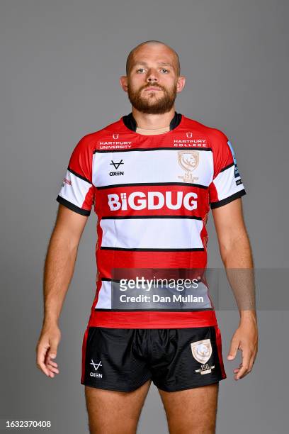 Zach Mercer of Gloucester Rugby poses for a portrait during the squad photocall for the 2023-2024 Gallagher Premiership Rugby season on August 16,...