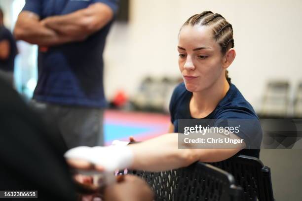 Josefine Knutsson of Sweden has her hands wrapped prior to her fight during Dana White's Contender Series season seven, week three at UFC APEX on...