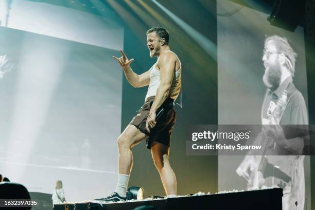 Dan Reynolds of Imagine Dragons performs onstage at Paris La Defense Arena on August 22, 2023 in Nanterre, France.