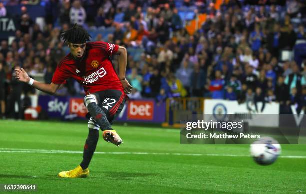 Ethan Williams of Manchester United U21s in action during the Papa Johns Trophy match between Stockport County and Manchester United U21 at Edgeley...