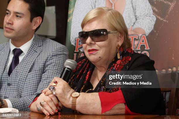 Paquita La del Barrio speaks during a press conference on August 22, 2023 in Mexico City, Mexico.