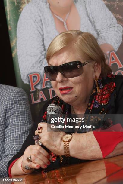 Paquita La del Barrio speaks during a press conference on August 22, 2023 in Mexico City, Mexico.
