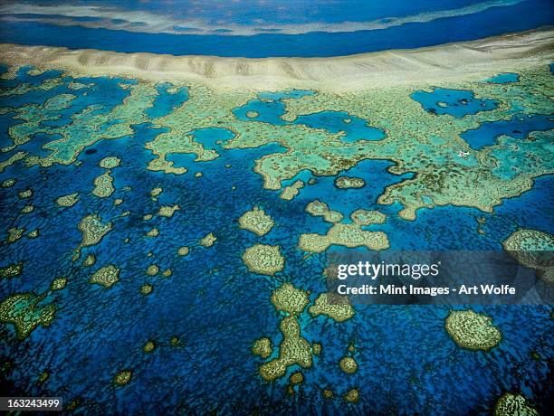 an aerial view of the islands of the great barrier reef  in queensland, australia - great barrier reef ストックフォトと画像