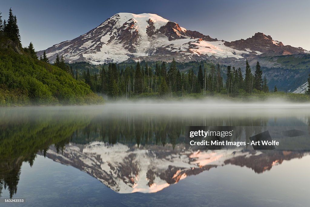 Mount Rainier reflected in one of many lakes in the Mount Rainier National Park, Washington