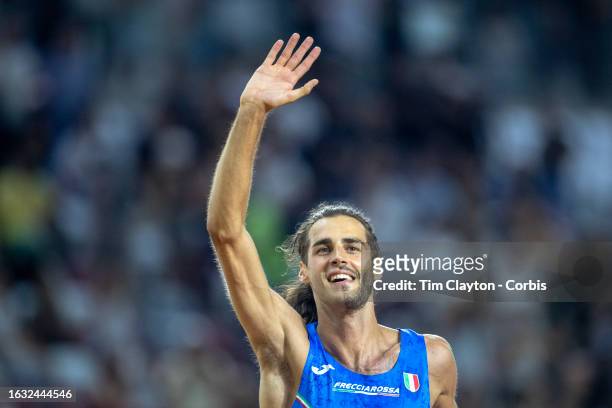 August 22: Gianmarco Tamberi of Italy celebrates his gold medal win in the Men's High Jump Final at the World Athletics Championships, at the...