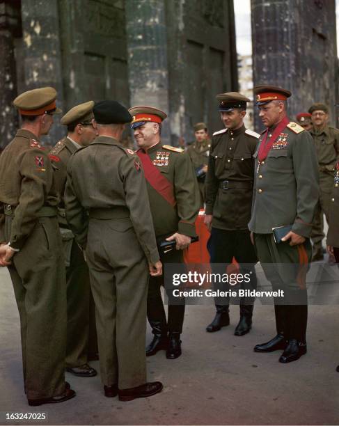 The Commander of the 21st Army Group, Field Marshall Sir Bernard Montgomery - 2nd from left - and the deputy Supreme Commander in Chief of the Red...