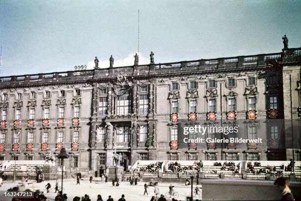 The Northern facade of the Berlin City Palace is decorated with swastika flags. It is near the Lustgarten, where Adolf Hitler , chancellor of...