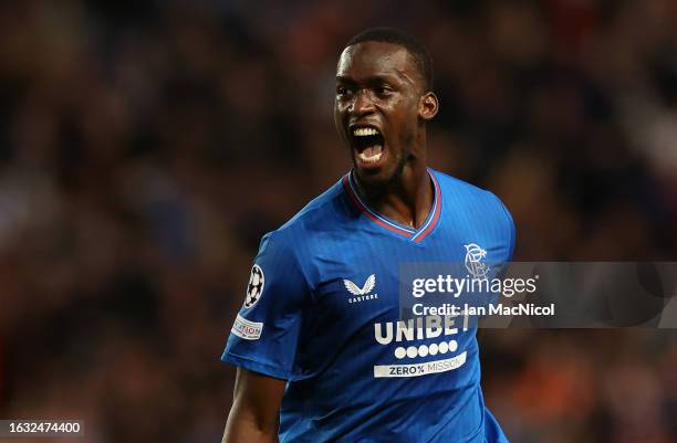 Abdallah Sima of Rangers celebrates after he scores the opening goal during the UEFA Champions Qualifying Play-Off: First Leg between Rangers v PSV...