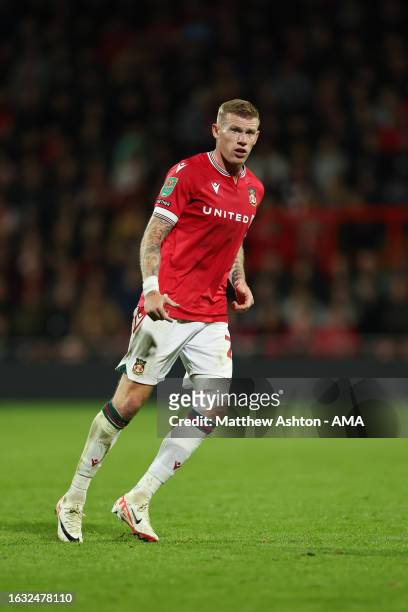 James McClean of Wrexham during the Carabao Cup Second Round match between Wrexham v Bradford City at Racecourse Ground on August 29, 2023 in...