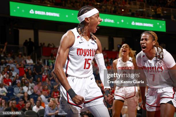 Brittney Sykes of the Washington Mystics reacts during the game against the Minnesota Lynx on August 29, 2023 at Entertainment & Sports Arena in...