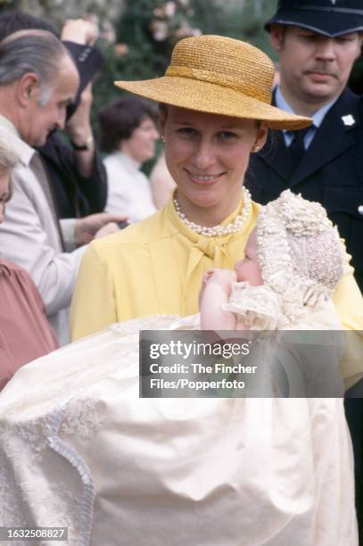 The Duchess of Gloucester at the christening of her baby daughter Lady Rose Windsor at Barnwell parish church in Northamptonshire on 13th July 1980.